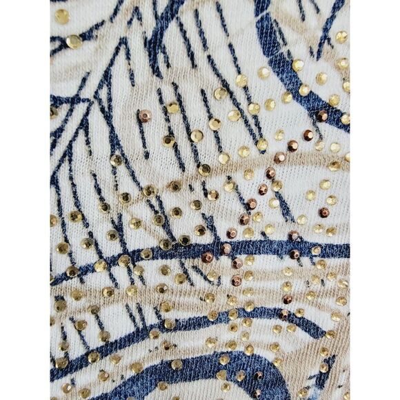 Chico's 3 Cotton T-Shirt Top 3/4 Slv. Tan Blue Peacock Feathers Beaded Cotton - Picture 3 of 7